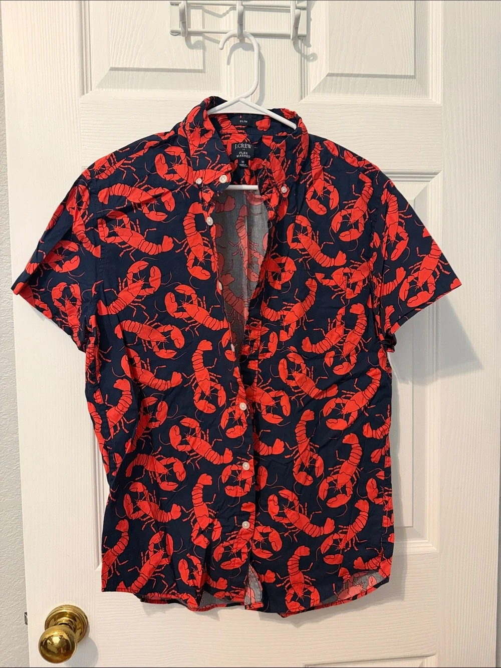 J. Crew Navy Short-Sleeve Button-Down with Red Lobster Print